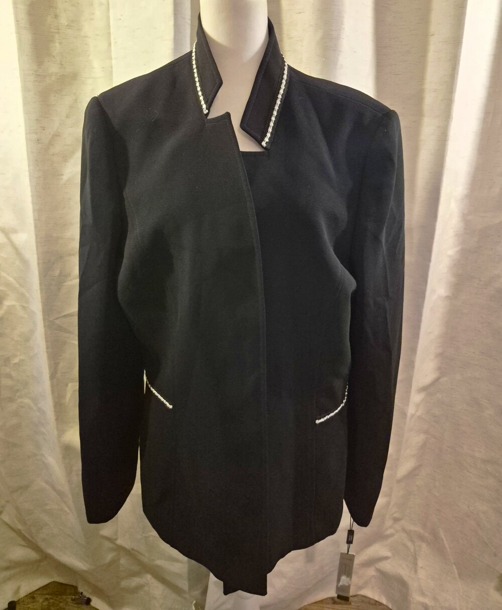 Tahari Arthur S. Levine Black Beaded Collar Open Front Lined Jacket 16 4180M130